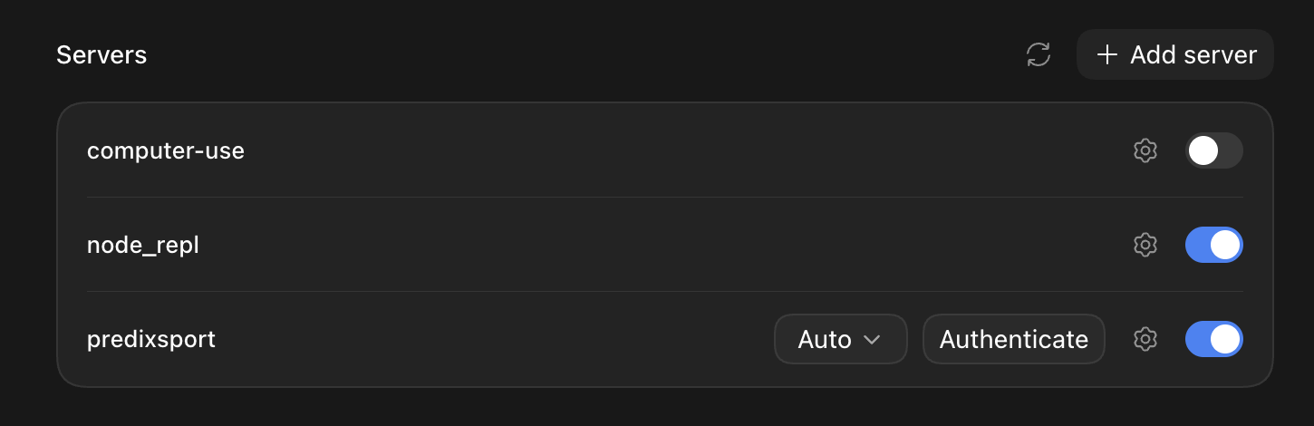 The ChatGPT MCP server list with predixsport switched on and its Authenticate button