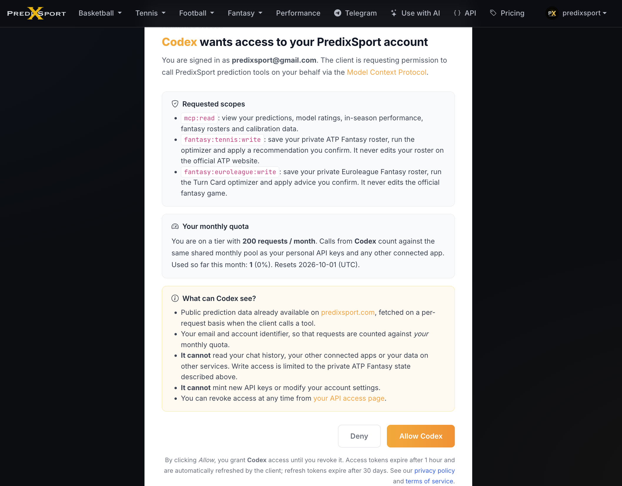 The Predixsport authorization page naming the client Codex, listing the read and ATP and Euroleague Fantasy write permissions, with the Allow Codex button