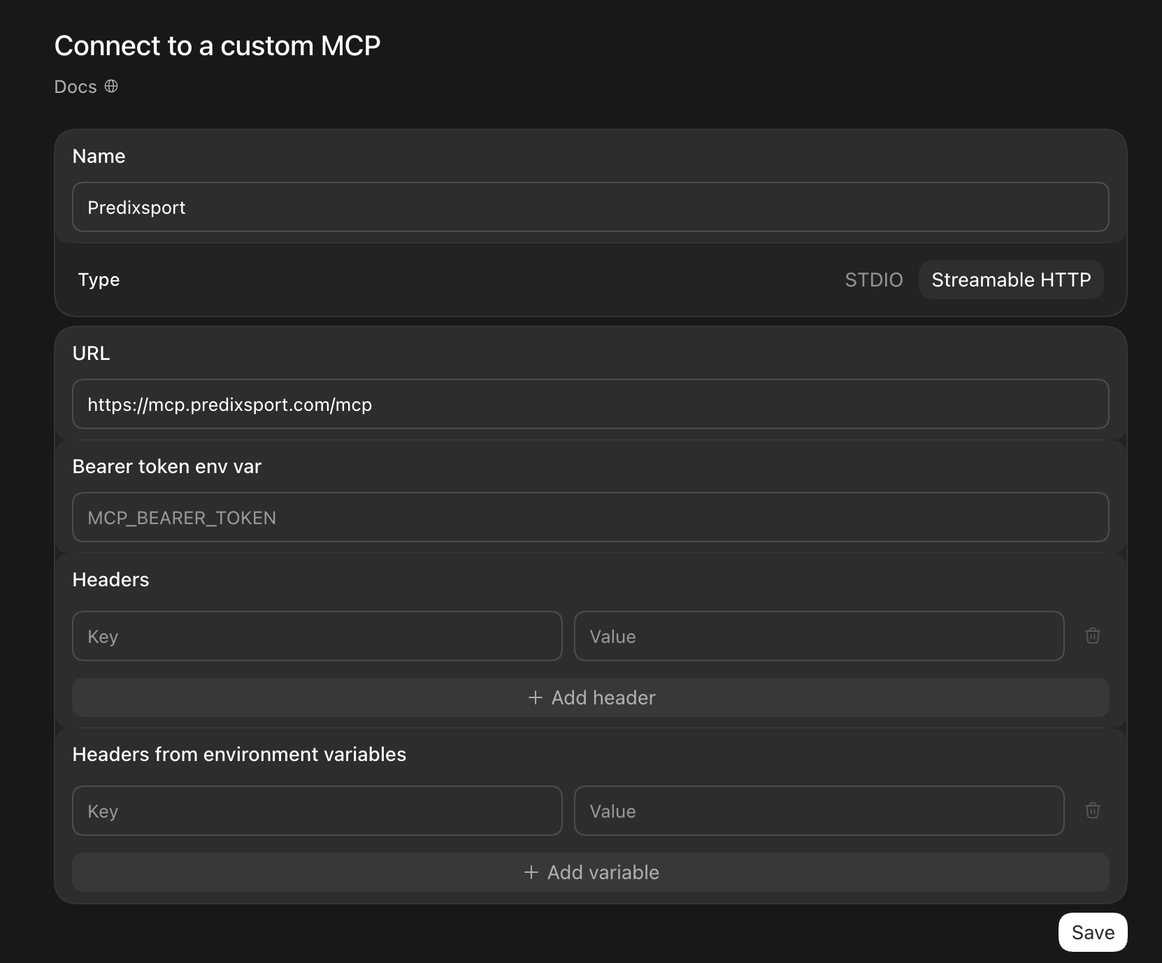 The Connect to a custom MCP form filled in with the name Predixsport, Streamable HTTP selected and the server URL, all token and header fields left empty