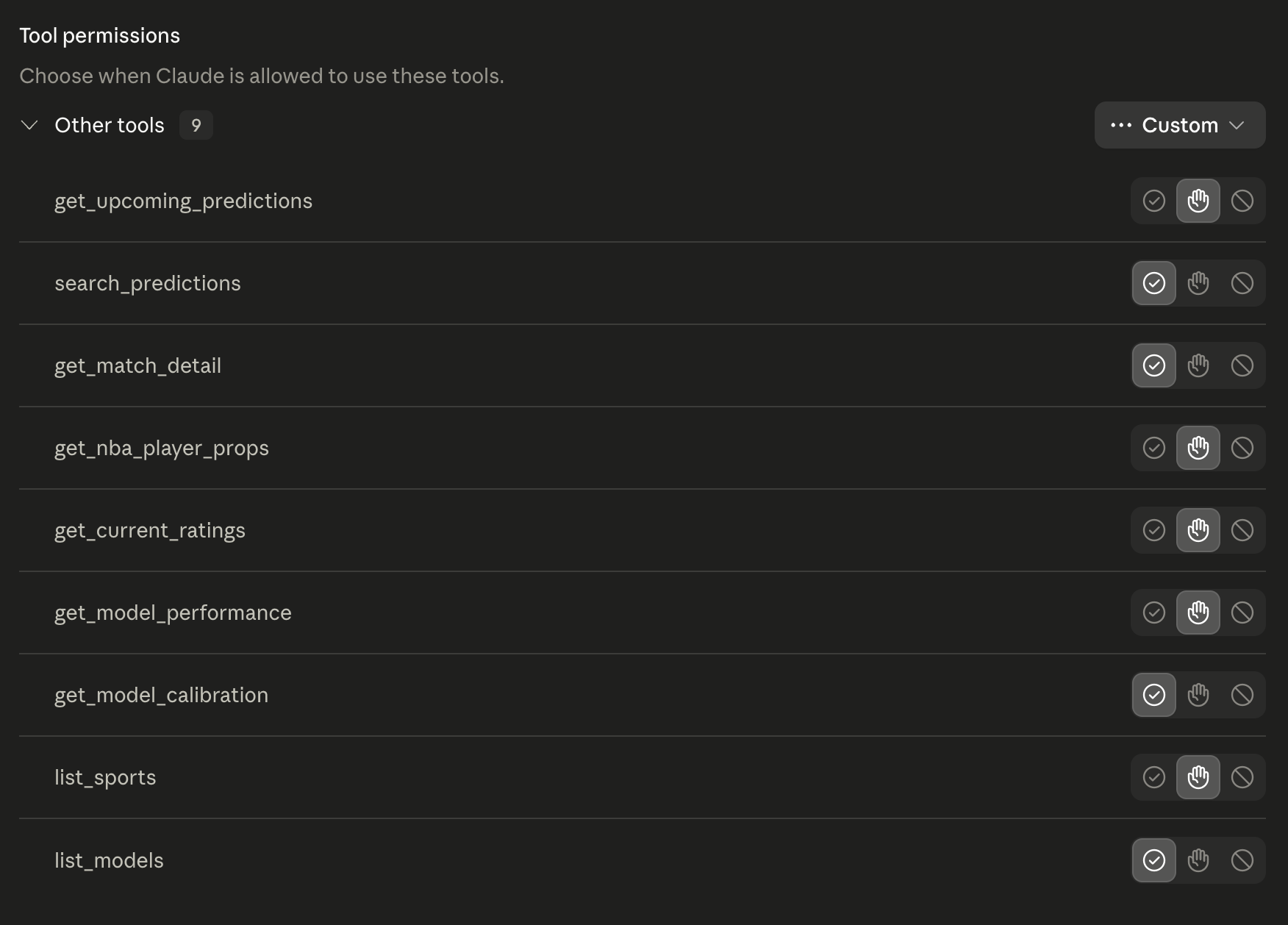 Claude tool permissions panel listing the nine Predixsport tools (get_upcoming_predictions, search_predictions, get_match_detail, get_nba_player_props, get_current_ratings, get_model_performance, get_model_calibration, list_sports, list_models)