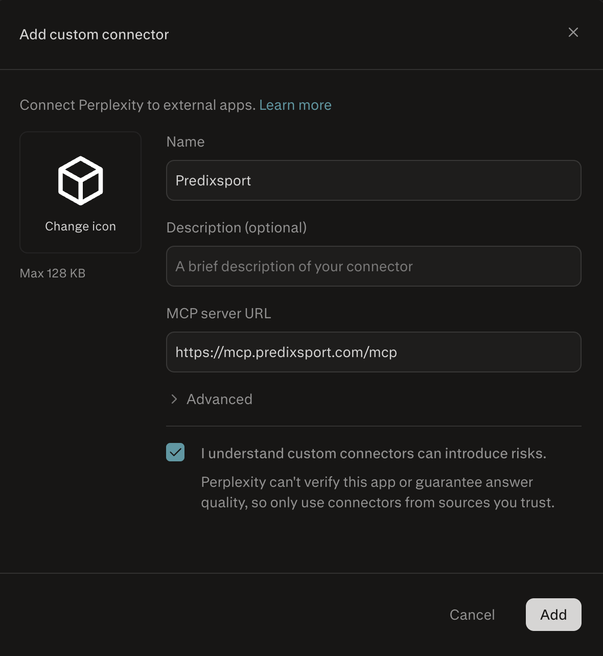 The Add custom connector dialog filled in with the name Predixsport and the MCP server URL, with the risk acknowledgement checkbox ticked and the Add button ready