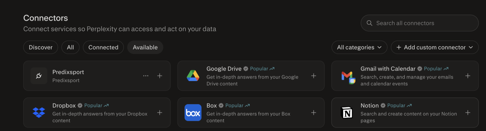 The Perplexity Connectors settings page with the Add custom connector button highlighted in the top right corner