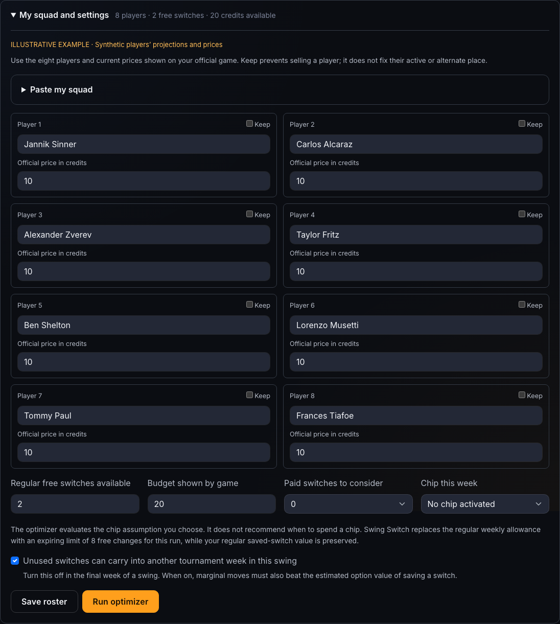 Predixsport Tennis Fantasy Optimizer roster form with squad entry, chip selection and controls to save the roster or run the optimizer.
