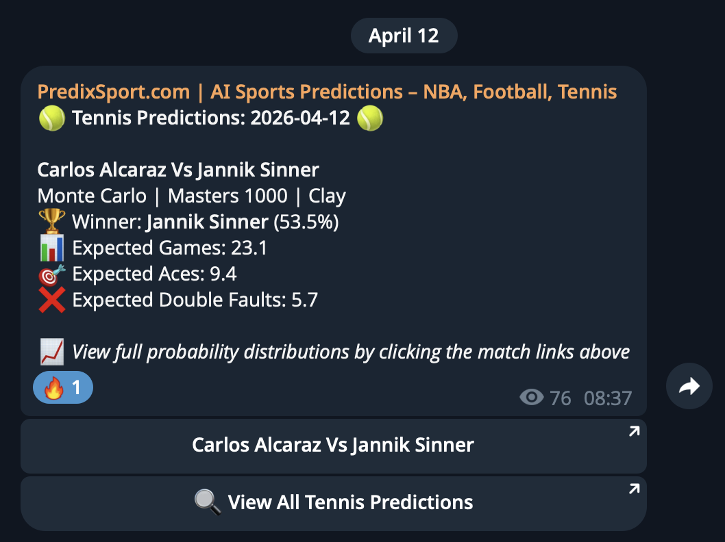 PredixSport Telegram channel message showing AI tennis prediction for Carlos Alcaraz vs Jannik Sinner at Monte Carlo Masters 2026, with winner probability, expected games, aces, and double faults